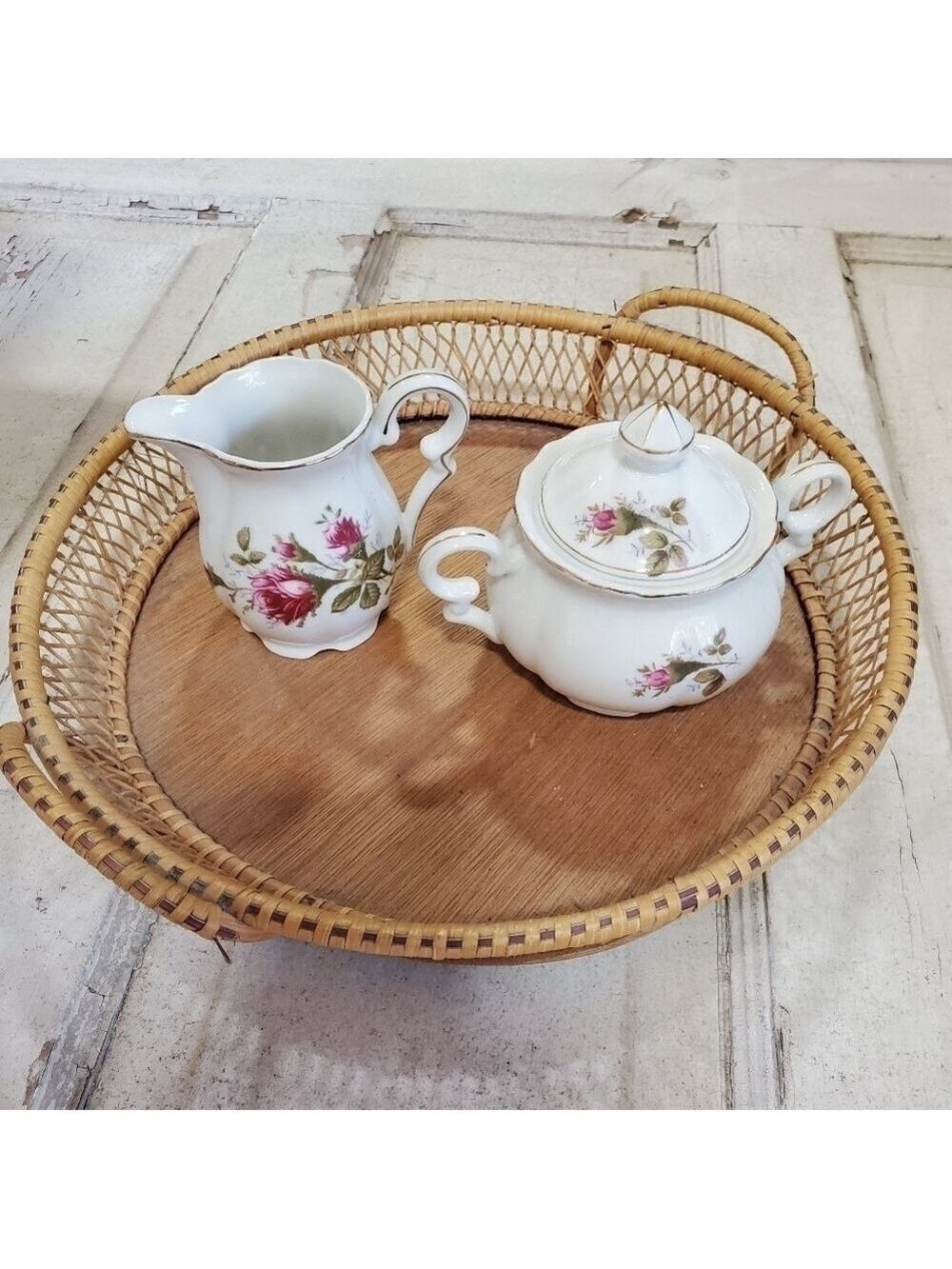 Vtg UCAGCO made in Japan Old Rose Pattern Cream & Sugar set with lid